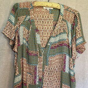 Rose & Olive Plus Sz 2X Floral Patchwork Lightweight Stretch S/S Top EUC
